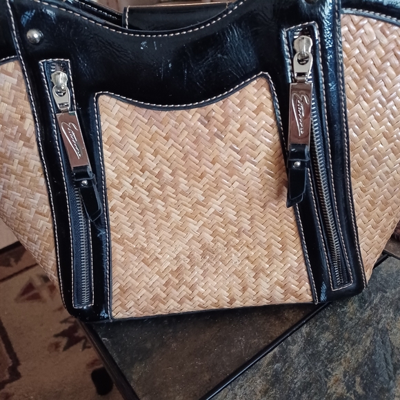 Etienne Collection Woven Rattan And Faux Black Leather Handbag - Picture 2 of 8